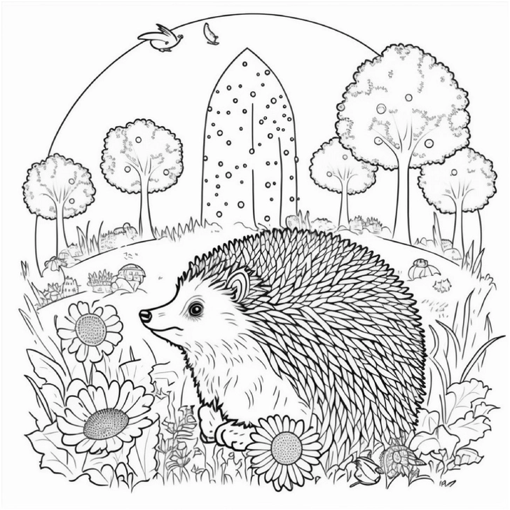 malvorlage-igel-auf-der-wiese-mit-blumen-und-voegeln
