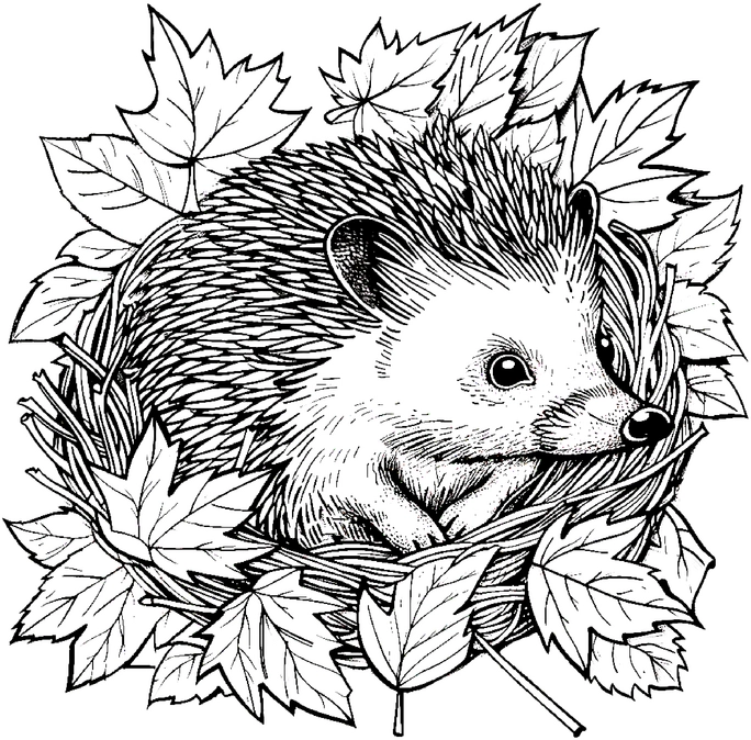 malvorlage-igel-im-nest-aus-laub