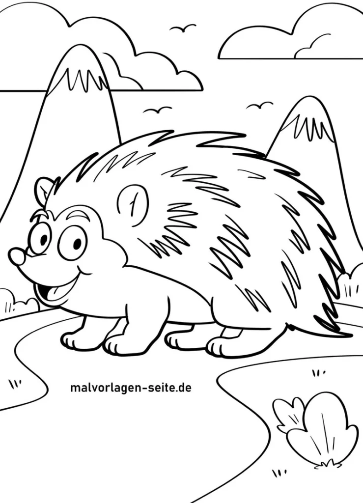 malvorlage-igel-in-der-natur-mit-bergen-und-wolken
