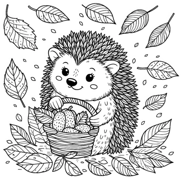 malvorlage-igel-mit-aepfeln-und-herbstblaettern