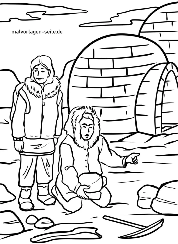 malvorlage-iglu-menschen-in-arktischer-lanschaft