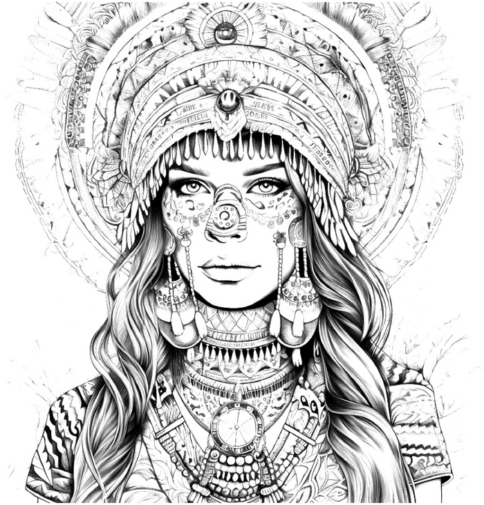 malvorlage-indianerfrau-traditionelle-muster-und-schmuck