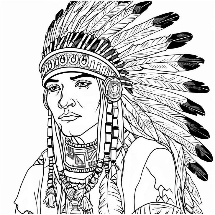 malvorlage-indianerhaeuptling-mit-federn-und-schmuck