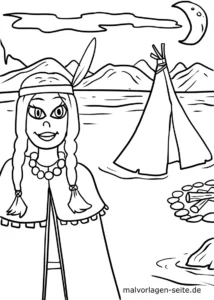 malvorlage-indianerin-wilder-westen-tipis-landschaft