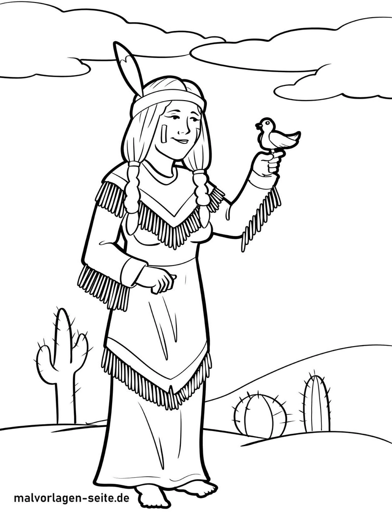 malvorlage-indianische-frau-mit-vogel-in-der-natur