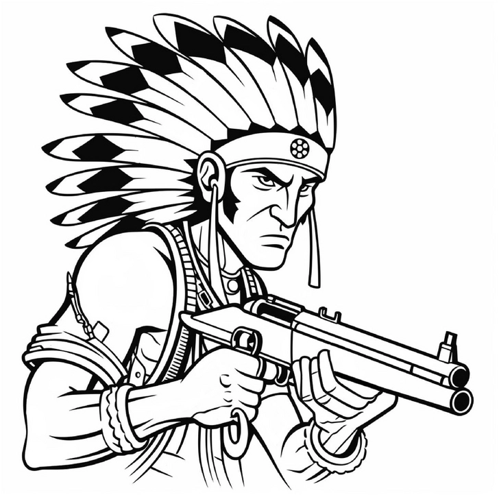 malvorlage-indianischer-krieger-mit-gewehr-und-federschmuck