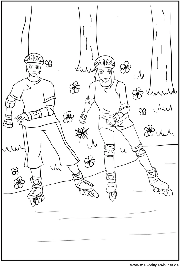malvorlage-inline-skaten-jugendliche-in-der-natur