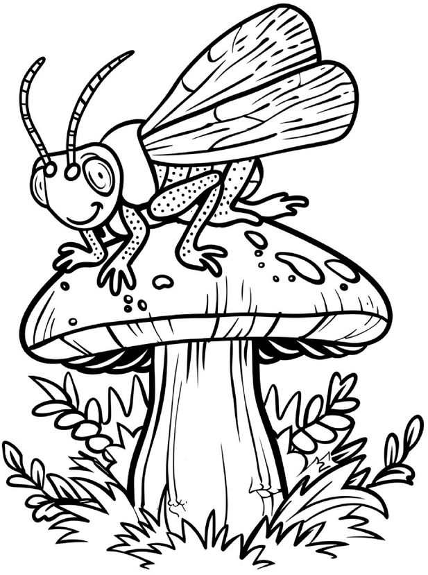 malvorlage-insekt-auf-pilz-mit-pflanzen