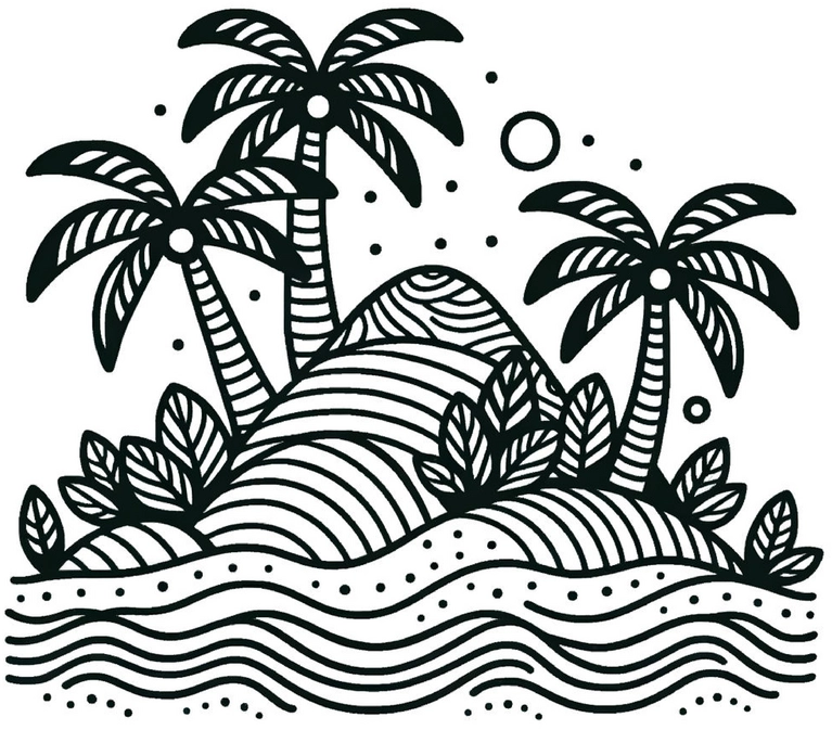 malvorlage-insel-mit-palmen-und-wellen