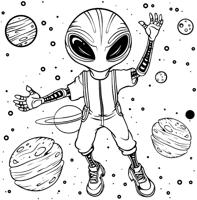 malvorlage-intergalaktischer-ausserirdischer-mit-planeten-im-weltall