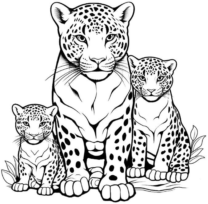 malvorlage-jaguar-familie-drei-jaguare-ausmalen