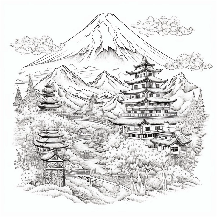 malvorlage-japanische-landschaft-mit-berg-fuji-und-pagoden