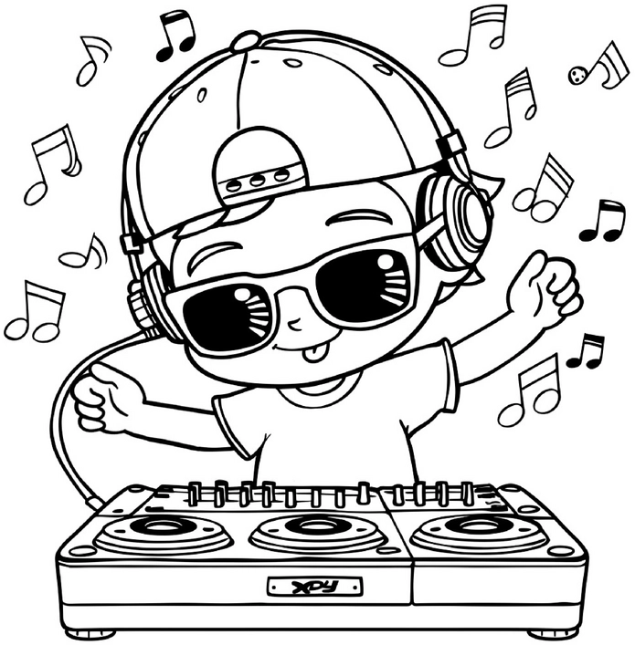 malvorlage-junge-am-dj-pult-mit-musiknoten