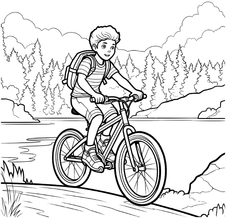 malvorlage-junge-auf-fahrrad-in-der-natur