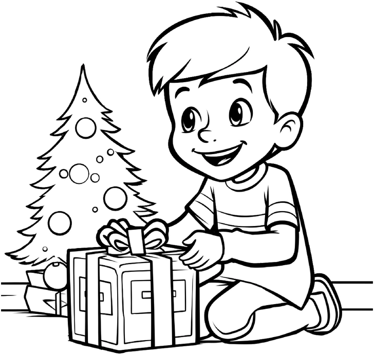 malvorlage-junge-beim-auspacken-eines-geschenks-unter-dem-weihnachtsbaum