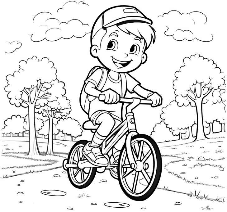 malvorlage-junge-fahrrad-in-der-natur