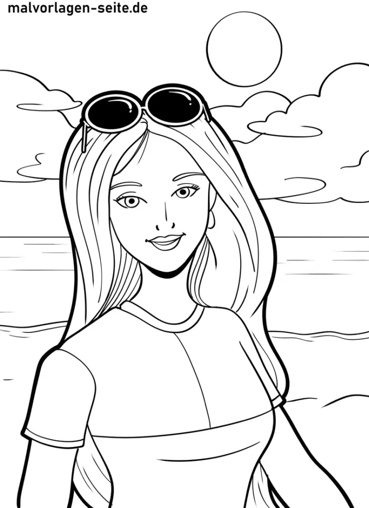 malvorlage-junge-frau-am-strand-mit-sonnenbrille