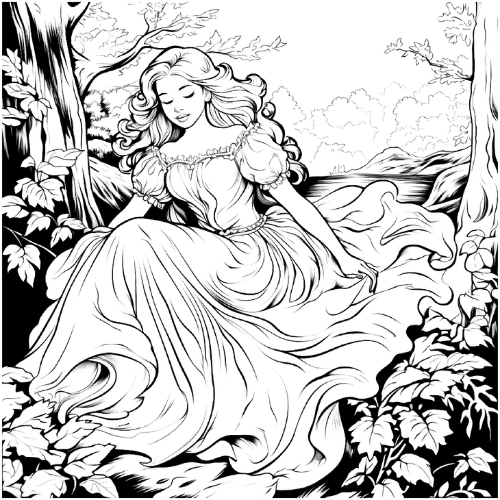 malvorlage-junge-frau-im-maerchenwald-mit-fliessendem-kleid