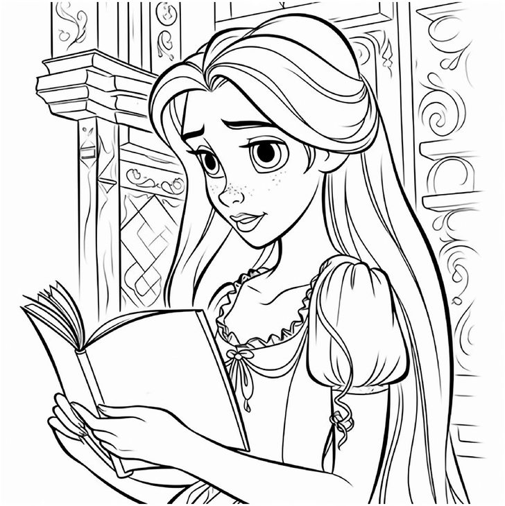 malvorlage-junge-frau-mit-buch-in-maerchenlandschaft