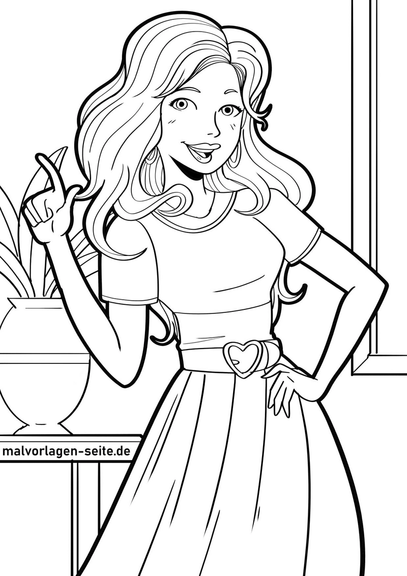 malvorlage-junge-frau-mit-pflanzen-im-hintergrund