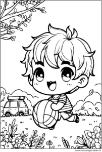 malvorlage-junge-mit-ball-im-garten