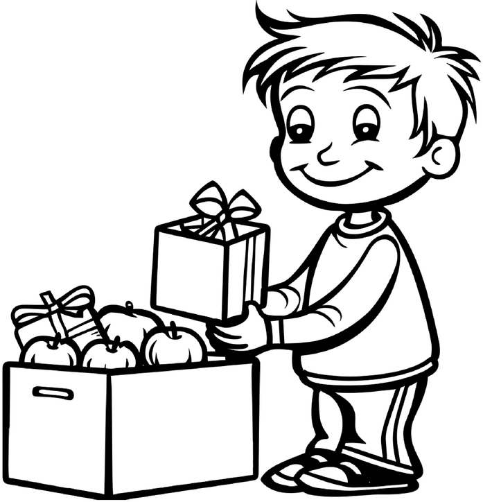 malvorlage-junge-mit-geschenken-und-aepfeln