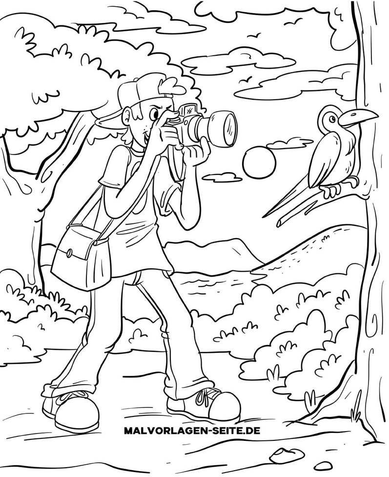 malvorlage-junge-mit-kamera-vogel-in-natur