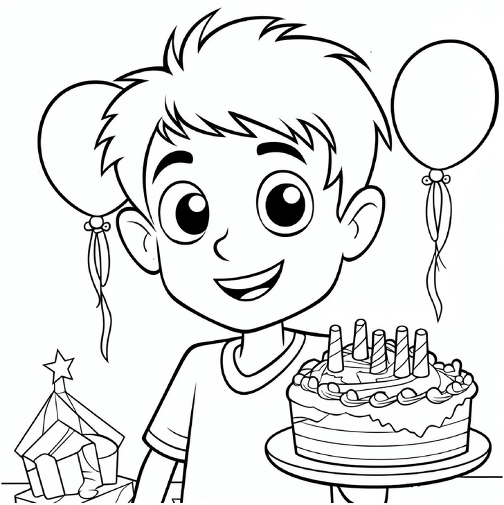 malvorlage-junge-mit-torte-und-luftballons