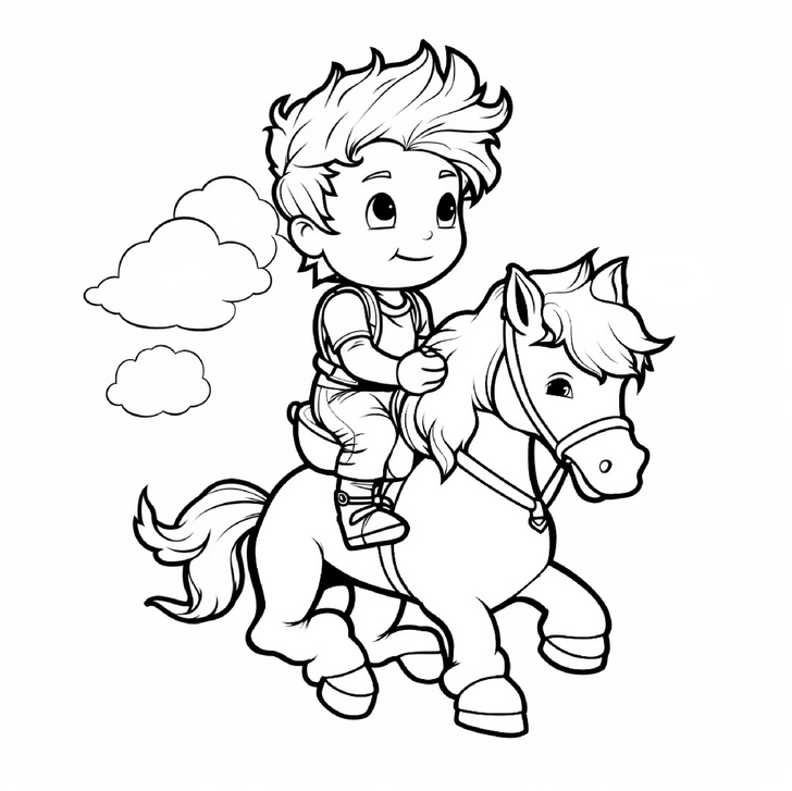 malvorlage-junge-reiter-auf-pferd-in-wolkenlandschaft