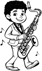 malvorlage-junge-spielend-saxophon-musiknoten