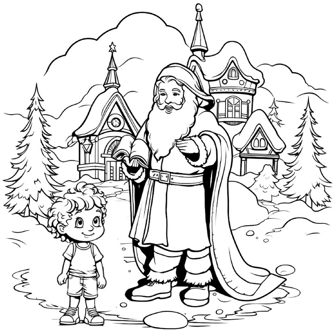 malvorlage-junge-und-nikolaus-in-winterlandschaft
