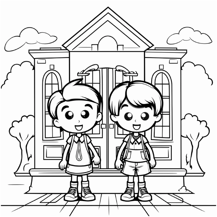 malvorlage-jungen-vor-schule-mit-baeumen