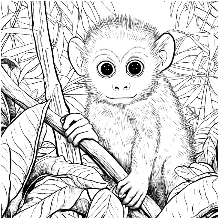 malvorlage-junger-affe-im-dschungel-mit-pflanzen
