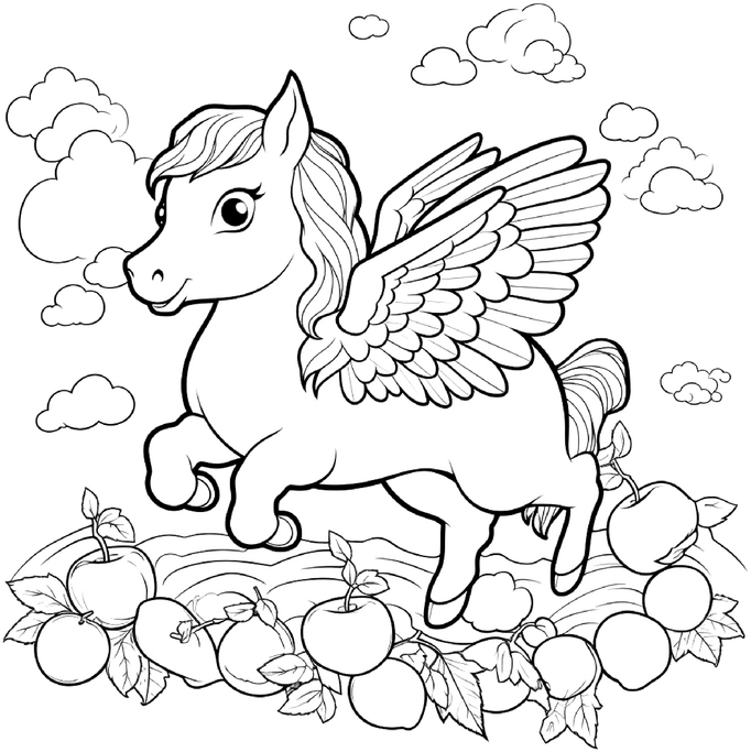 malvorlage-junger-pegasus-obstwiese-mit-wolken