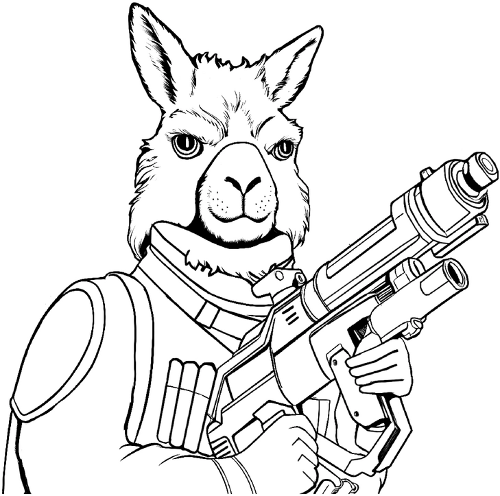 malvorlage-kaempfendes-lama-mit-gewehr