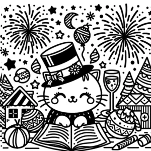 malvorlage-kaetzchen-silvester-mit-feuerwerk