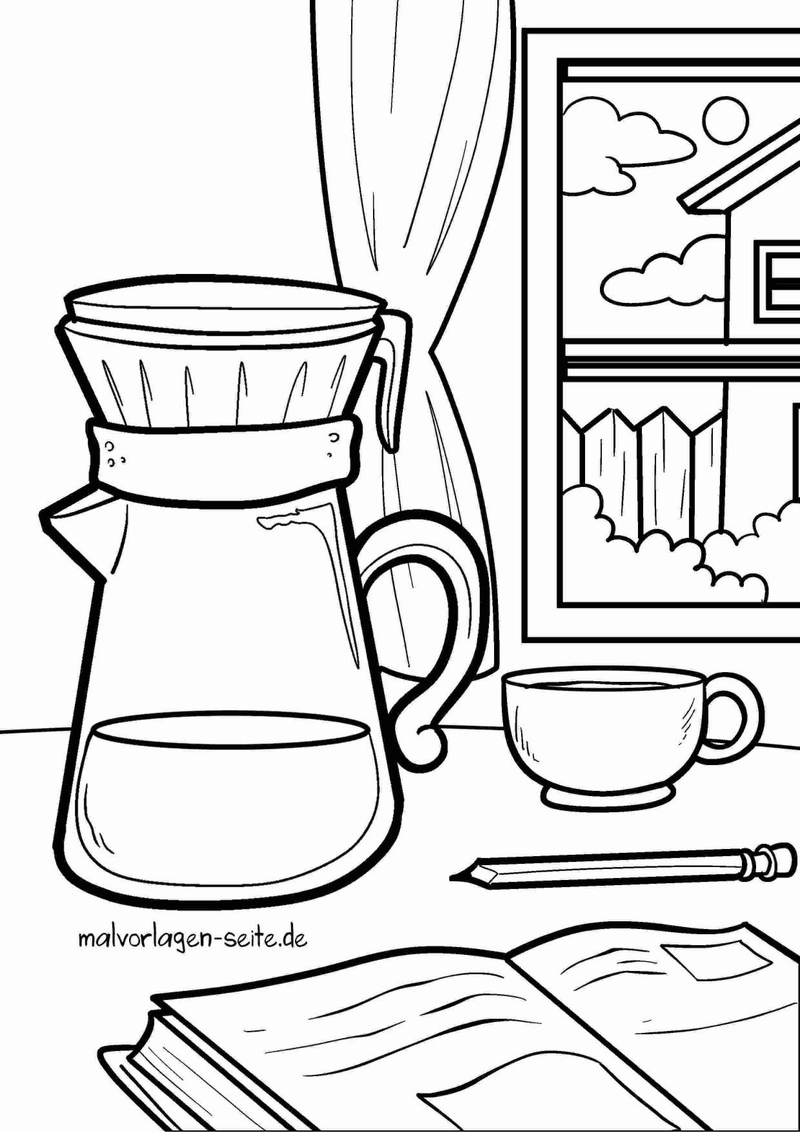 malvorlage-kaffeekanne-tasse-am-fenster