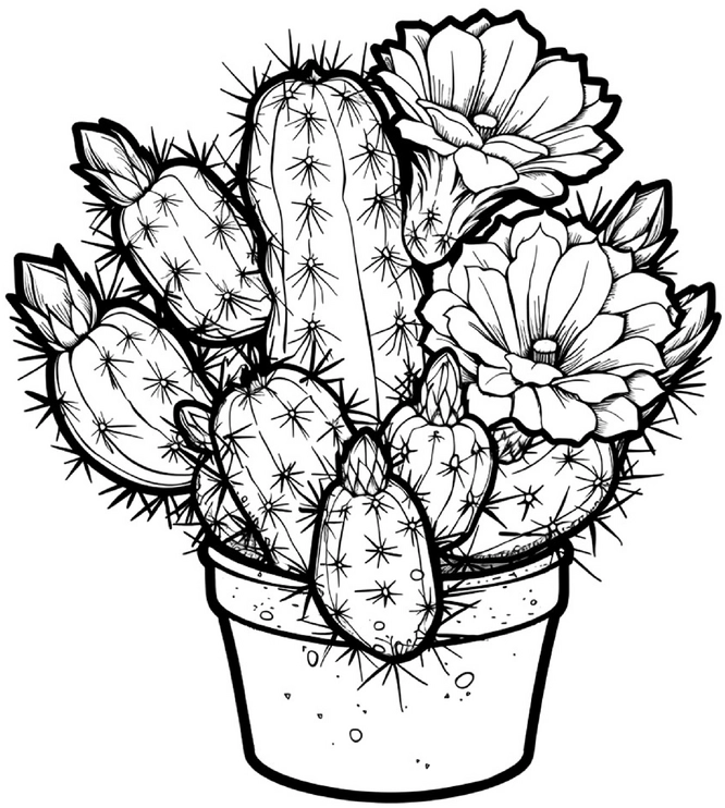 malvorlage-kaktusse-und-blumen-im-topf