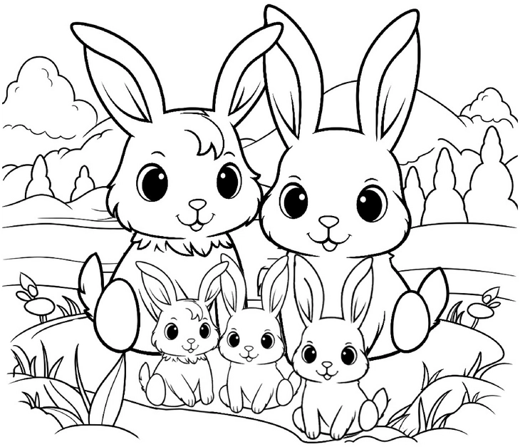 malvorlage-kaninchenfamilie-im-fruehling