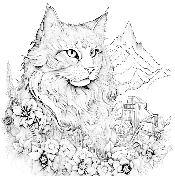 malvorlage-katze-im-blumenmeer-mit-berglandschaft