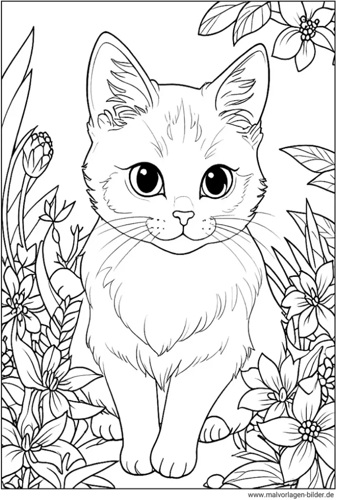 malvorlage-katze-im-blumenmeer-zum-ausmalen