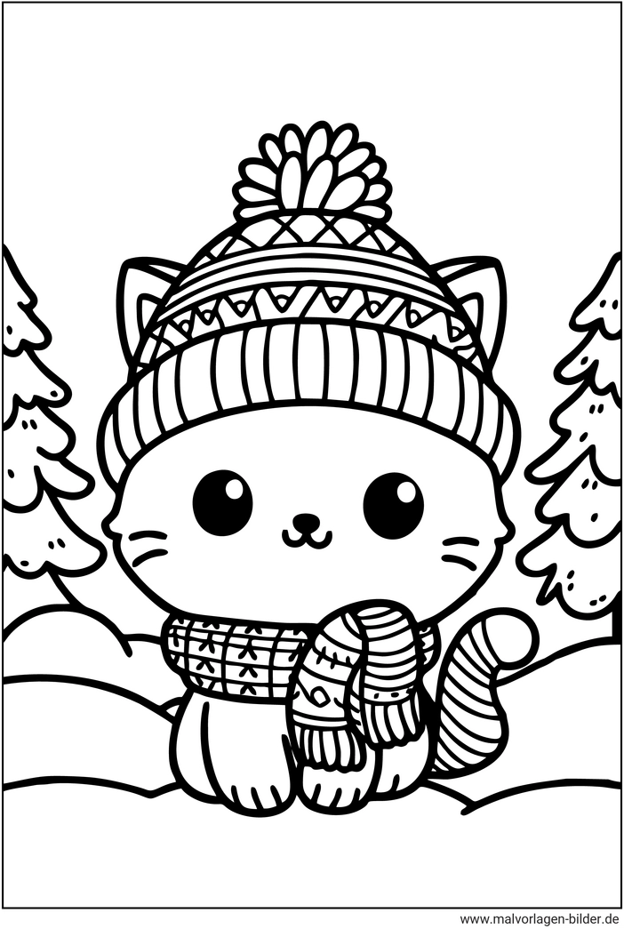 malvorlage-katze-im-winter-mit-muetze-und-schal