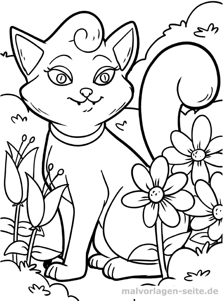 malvorlage-katze-in-blumen-landschaft