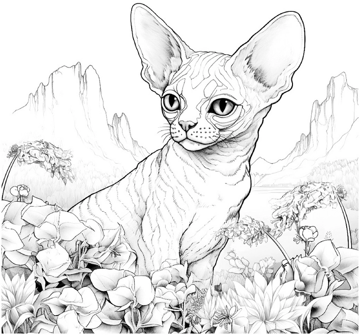 malvorlage-katze-in-blumenlandschaft