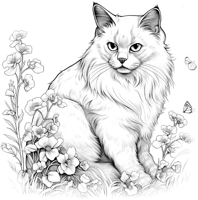 malvorlage-katze-mit-blumen-und-insekten