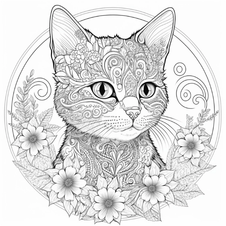malvorlage-katze-mit-floralen-mustern
