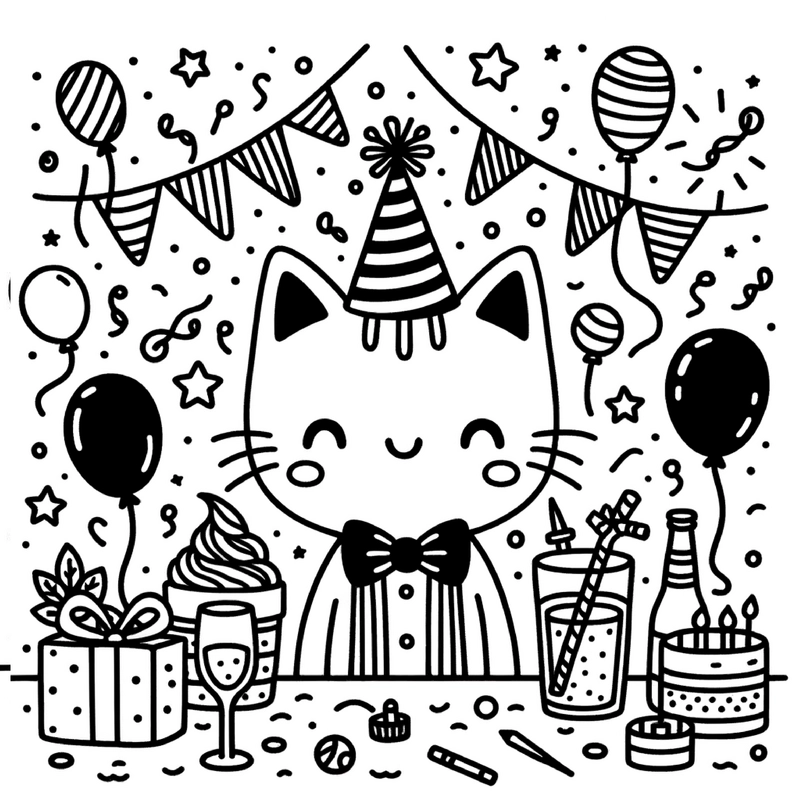 malvorlage-katze-mit-partyhut-und-geschenken