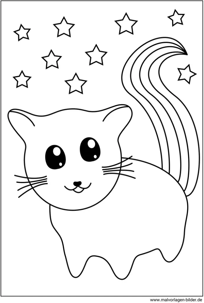 malvorlage-katze-mit-regenbogen-und-sternen