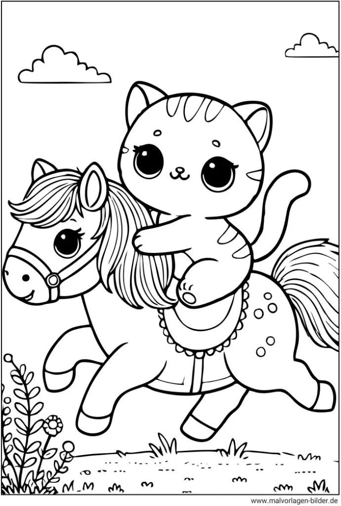 malvorlage-katze-reitet-auf-einem-pony
