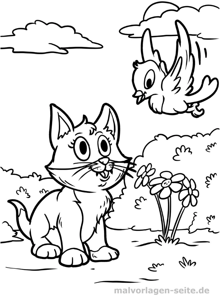 malvorlage-katze-vogel-blumen